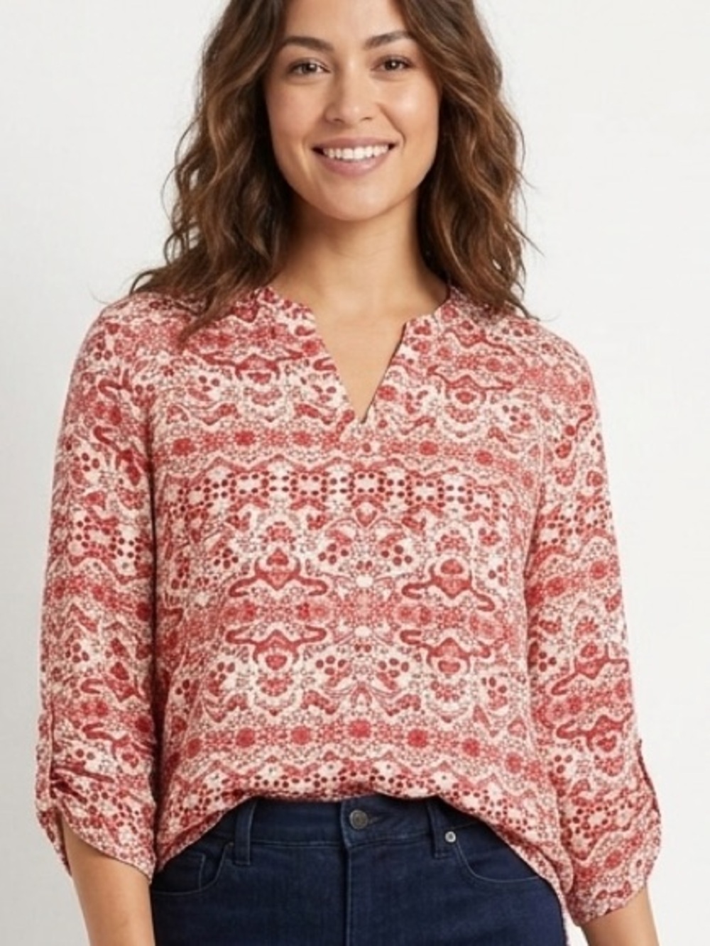 PINK ROSE Flowy 3/4 Length Sleeve V Neck Blouse Floral Red White Size Small